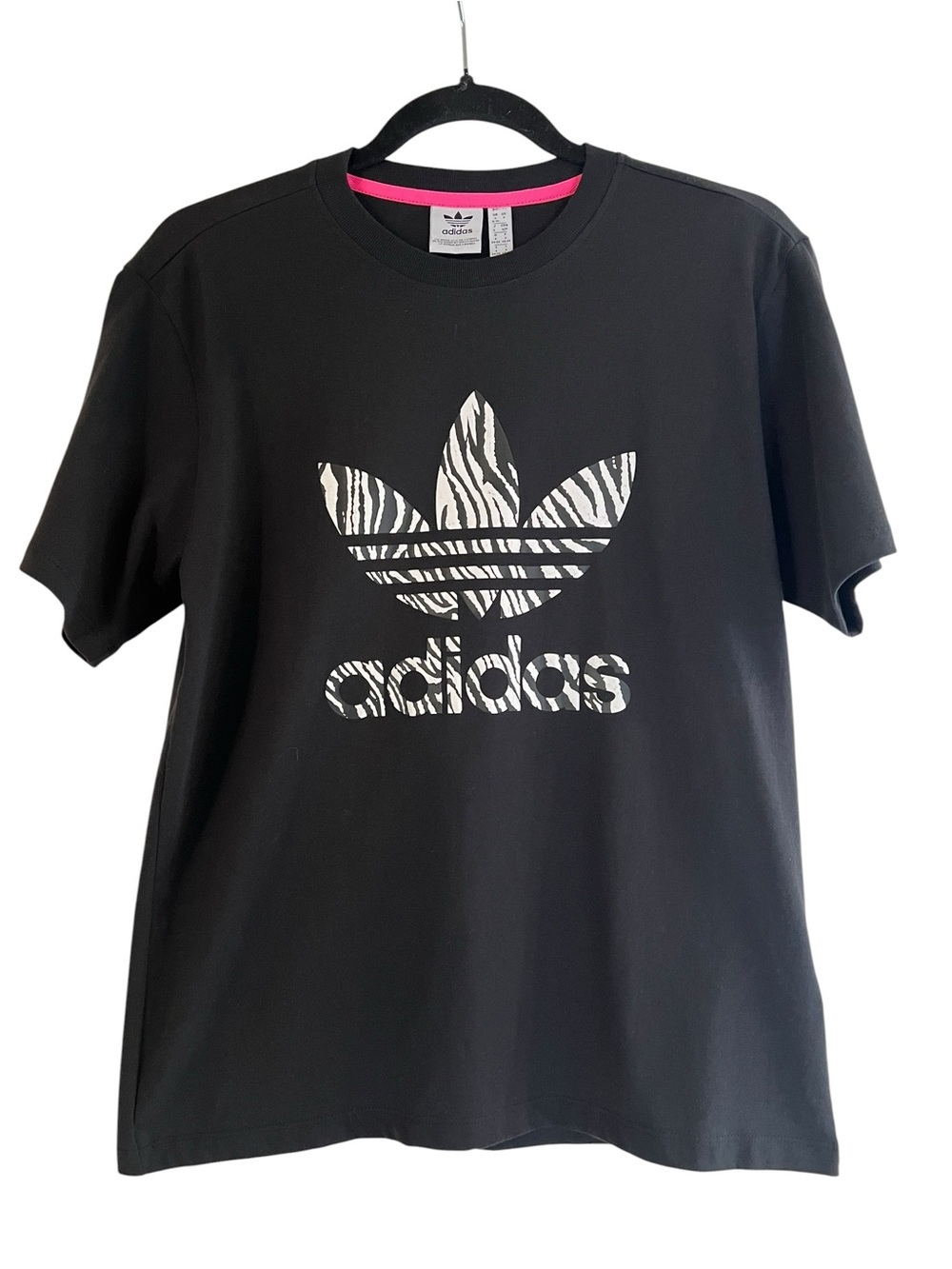 Adidas Black Tee w/ White Zebra Animal Print Trefoil and Pink Neck Trim- S